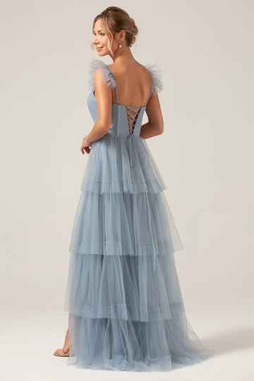 Detachable Straps A Line Tiered Long Dusty Blue Bridesmaid Dress